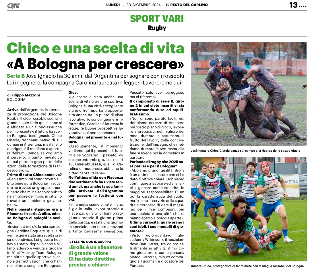 Il Resto del Carlino 30 dicembre 2024. Josè Chico . Bologna Rugby Club