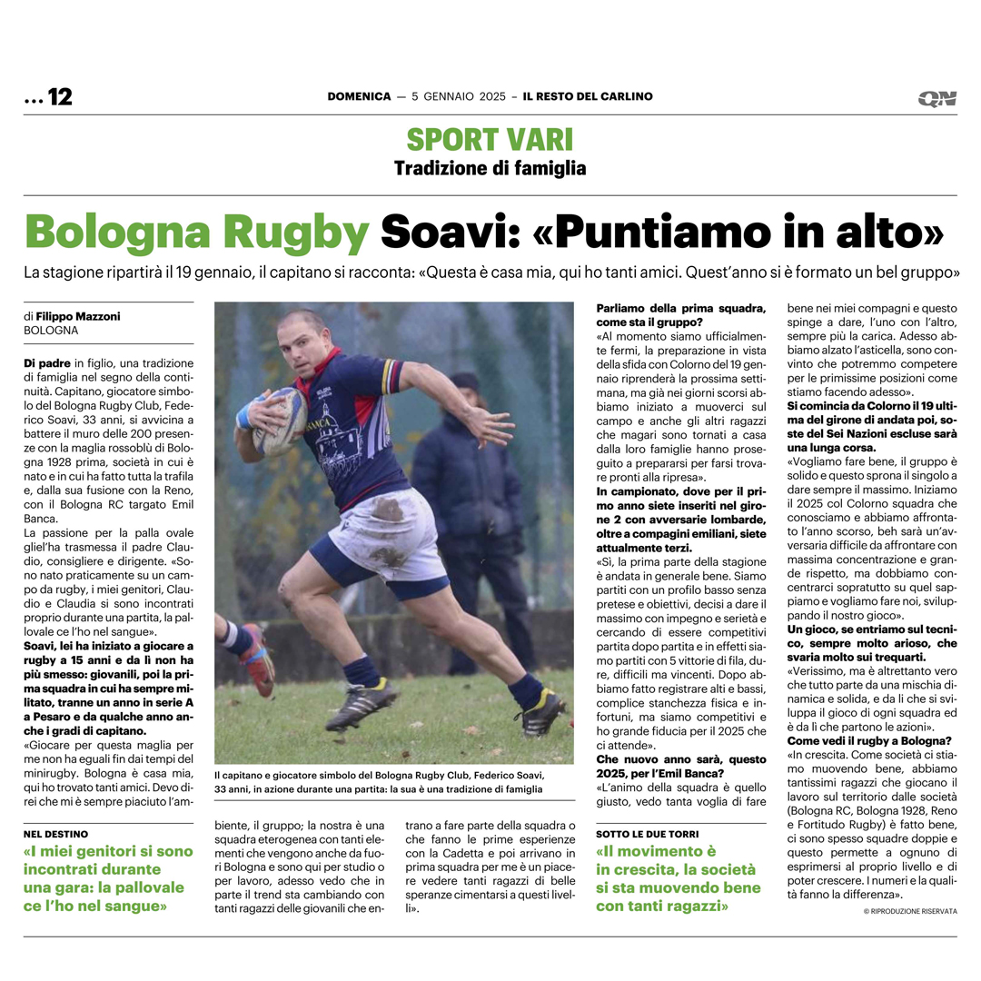 Il Resto del Carlino Federico Soavi Bologna Rugby Club